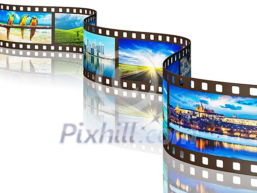 Global travel world countries concept - photo film with travel images with reflection on white background Global travel world countries concept - photo film with travel images with reflection on white background