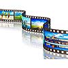 Global travel world countries concept - photo film with travel images with reflection on white background