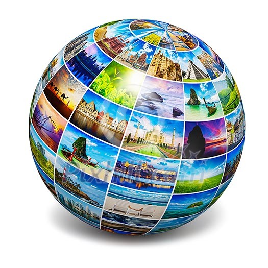 Global travel media world globe concept - picture sphere with travel images isolated on white. All photos are from my portfolio.