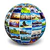 Global travel media world globe concept - picture sphere with travel images isolated on white. All photos are from my portfolio.