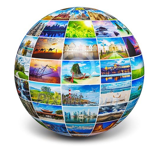Global travel media world globe concept - picture sphere with travel images isolated on white. All photos are from my portfolio. Global travel media world globe concept - picture sphere with travel images isolated on white. All photos are from my portfolio.
