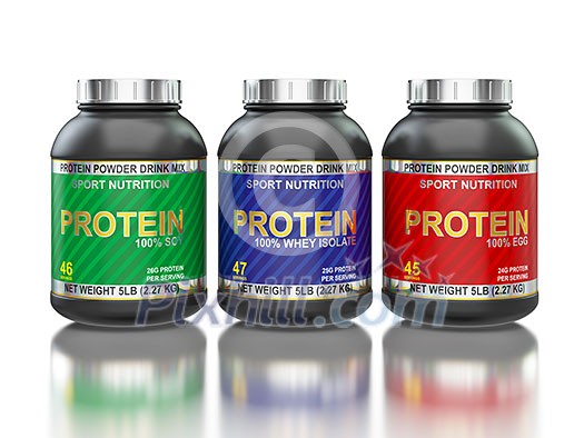 Sport nutrition, bodybuilding supplements, sport diet concept - whey isolate, soy and egg protein jar cans in line isolated on white background with reflection Sport nutrition, bodybuilding supplements, sport diet concept - whey isolate, soy and egg protein jar cans in line isolated on white background with reflection