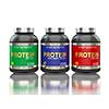 Sport nutrition, bodybuilding supplements, sport diet concept - whey isolate, soy and egg protein jar cans in line isolated on white background with reflection