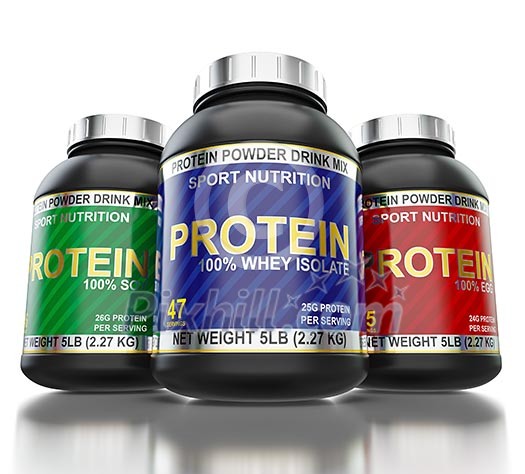 Sport nutrition and bodybuilding fitness supplements concept - whey isolate, soy and egg protein cans on white background with reflection, wide angle shot from low point of view Sport nutrition and bodybuilding fitness supplements concept - whey isolate, soy and egg protein cans on white background with reflection, wide angle shot from low point of view