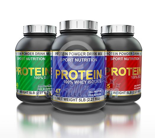 Sport nutrition, bodybuilding supplements, sport diet concept - whey isolate, soy and egg protein jar cans in line isolated on white background with reflection Sport nutrition, bodybuilding supplements, sport diet concept - whey isolate, soy and egg protein jar cans in line isolated on white background with reflection