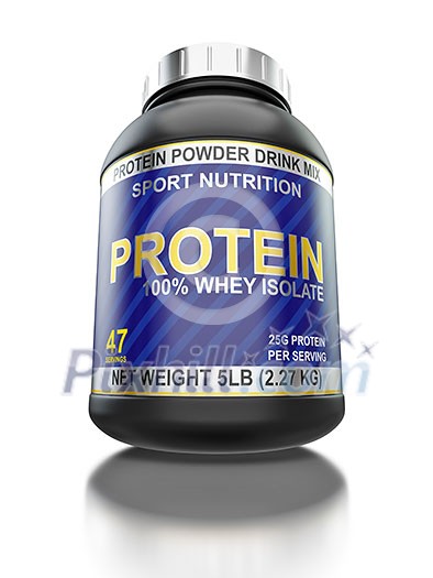Sport nutrition, bodybuilding supplements, diet concept - whey isolate protein jar with isolated on white background with reflection. Low viewpoint wide angle Sport nutrition, bodybuilding supplements, diet concept - whey isolate protein jar with isolated on white background with reflection. Low viewpoint wide angle