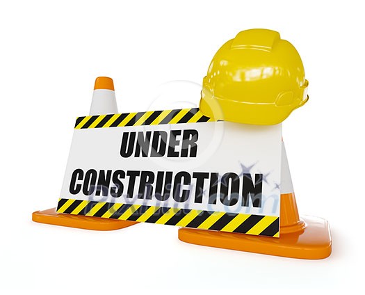 Under construction concept background - orange highway traffic construction cones with white stripes with announcement plate isolated on white Under construction concept background - orange highway traffic construction cones with white stripes with announcement plate isolated on white