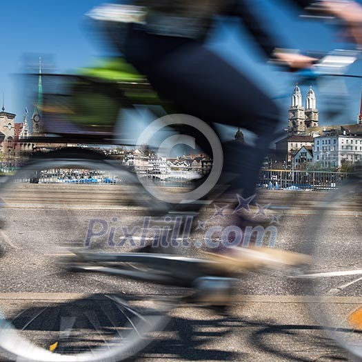 Zurich cityscape with motion blurred city traffic