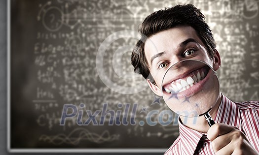 Young funny man scientist using magnifying glass Young funny man scientist using magnifying glass