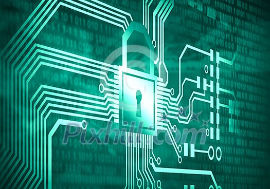 Conceptual digital image of mother board with lock Conceptual digital image of mother board with lock