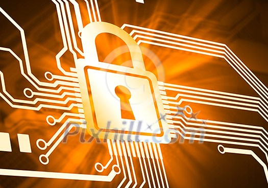 Conceptual digital image of mother board with lock Conceptual digital image of mother board with lock