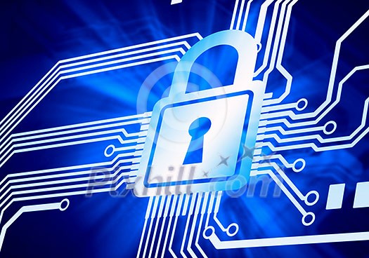 Conceptual digital image of mother board with lock Conceptual digital image of mother board with lock