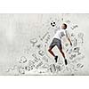 Football player in jump with sketches at background