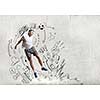 Football player in jump with sketches at background