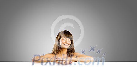 Naked attractive girl with white blank banner Naked attractive girl with white blank banner
