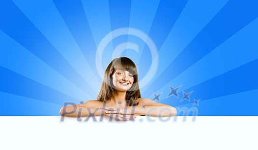 Naked attractive girl with white blank banner Naked attractive girl with white blank banner