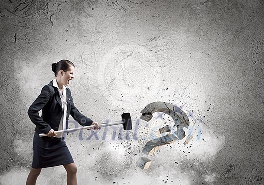 Young pretty businesswoman crashing stone question symbol Young pretty businesswoman crashing stone question symbol