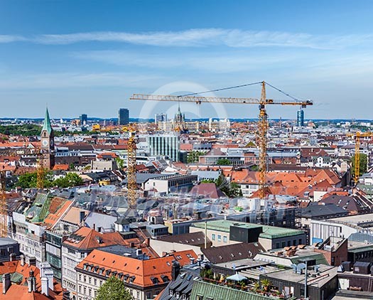 Aerial view of Munich with construction site and cranes, Bavaria, Germany