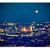 Vintage retro hipster style travel image of night aerial view of Munich from Olympiaturm (Olympic Tower). Munich, Bavaria, Germany