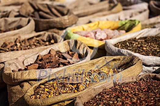 Travel India background - various spices in Indian bazaar market Travel India background - various spices in Indian bazaar market