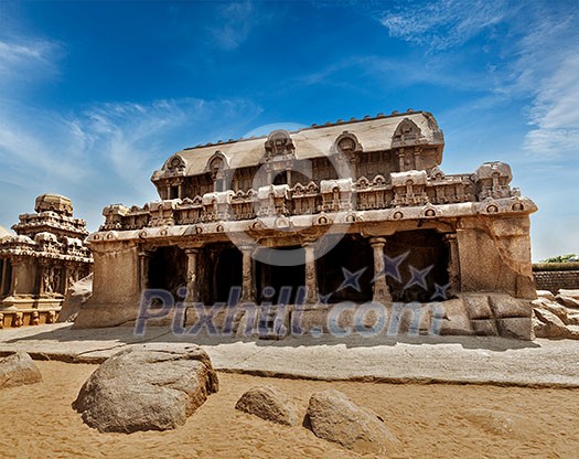 Five Rathas - ancient Hindu monolithic Indian rock-cut architecture. Mahabalipuram, Tamil Nadu, South India Five Rathas - ancient Hindu monolithic Indian rock-cut architecture. Mahabalipuram, Tamil Nadu, South India