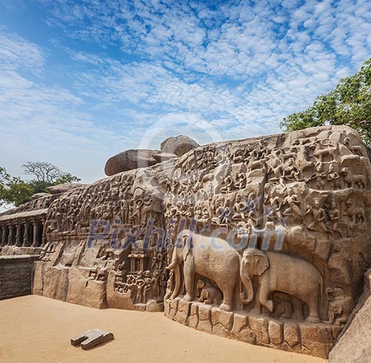 Descent of the Ganges and Arjuna's Penance ancient stone sculpture - monument at Mahabalipuram, Tamil Nadu, India Descent of the Ganges and Arjuna's Penance ancient stone sculpture - monument at Mahabalipuram, Tamil Nadu, India