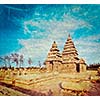Vintage retro hipster style travel image of famous Tamil Nadu landmark - Shore temple, world  heritage site in  Mahabalipuram, Tamil Nadu, India with grunge texture overlaid