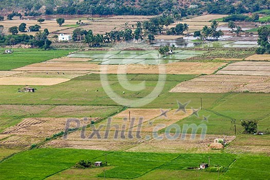 Aeiral view of Indian countryside with rice paddies. Near Thirukalukundram, Tamil Nadu, India