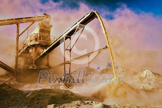 Vintage retro effect filtered hipster style image of Industrial background - crusher rock stone crushing machine at open pit mining and processing plant for crushed stone, sand and gravel