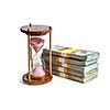 Time is money loan concept background - hourglass and stack of new 100 US dollars 2013 edition banknotes bills bundles isolated on white