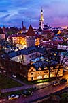Aerial view of Tallinn Medieval Old Town illuminated in evening, Estonia