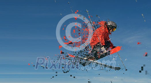design of jumping skier at mountain. winter snow fresh suny day