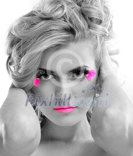 Fashion Beauty. Beautiful Woman With hairsyle and Luxury Makeup isolated on white background in studio. Beautiful Girl Face Fashion Beauty. Beautiful Woman With hairsyle and Luxury Makeup isolated on white background in studio. Beautiful Girl Face