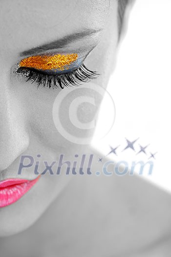 Fashion Beauty. Beautiful Woman With hairsyle and Luxury Makeup isolated on white background in studio. Beautiful Girl Face Fashion Beauty. Beautiful Woman With hairsyle and Luxury Makeup isolated on white background in studio. Beautiful Girl Face