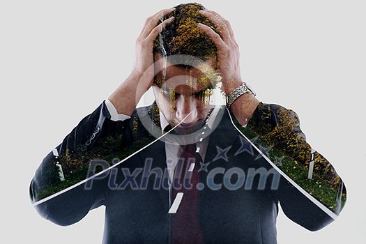 double exposure of business man and nature road way. Portrait of a young businessman looking depressed from work isolated over white background in studio