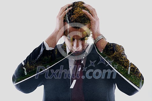 double exposure of business man and nature road way. Portrait of a young businessman looking depressed from work isolated over white background in studio double exposure of business man and nature road way. Portrait of a young businessman looking depressed from work isolated over white background in studio