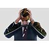 double exposure of business man and nature road way. Portrait of a young businessman looking depressed from work isolated over white background in studio