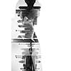 double exposure of business man with  mobile phone and city buildings background. abstract design idea