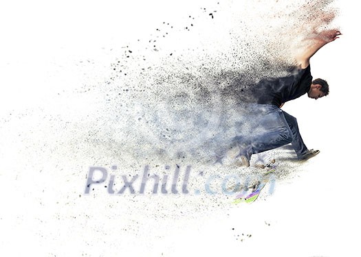 abstract pixelated design of a Boy practicing  and jumping skate in a park