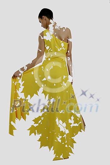 double exposure of woman in fashion dress with nature tree branches background