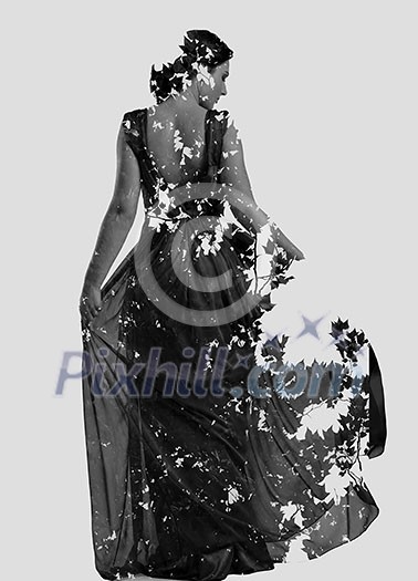 double exposure of woman in fashion dress with nature tree branches background double exposure of woman in fashion dress with nature tree branches background