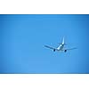 modern airplane travel,  clear blue sky in background