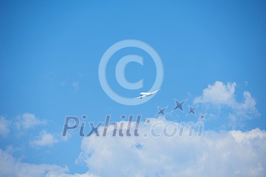 modern airplane travel, clear blue sky in background modern airplane travel, clear blue sky in background