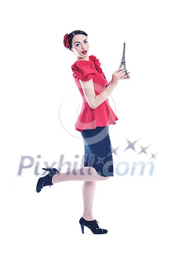 beautiful young woman hold paris symbol eiffel tower isolated on white background and representing travel and tourist concept beautiful young woman hold paris symbol eiffel tower isolated on white background and representing travel and tourist concept