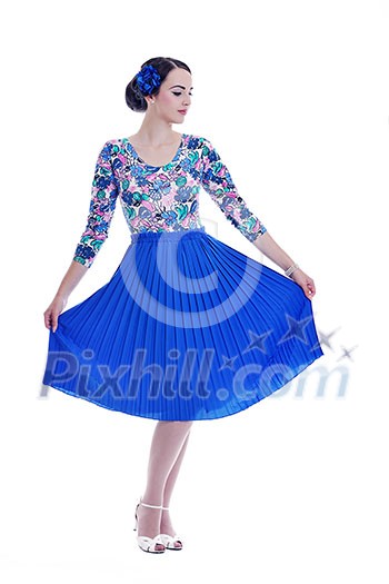 beautiful young woman isolated on white in studio in old fashion clothes representing pinup and retro style beautiful young woman isolated on white in studio in old fashion clothes representing pinup and retro style