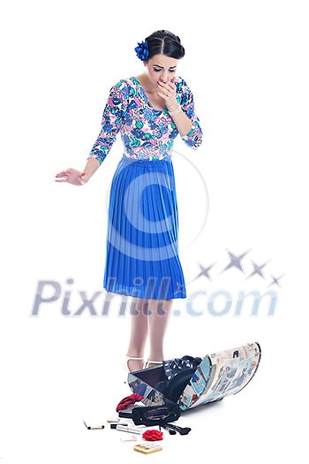 pretty young happy woman with travel bag waiting and posing isolated on white backround  in studio