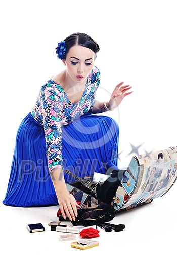 pretty young happy woman with travel bag waiting and posing isolated on white backround  in studio