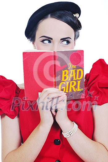 young student woman in retro clothes read book and get education for exam study isolated on white backround