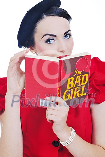 young student woman in retro clothes read book and get education for exam study isolated on white backround
