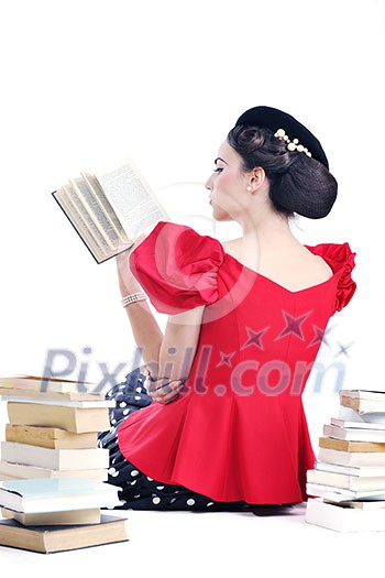 young student woman in retro clothes read book and get education for exam study isolated on white backround